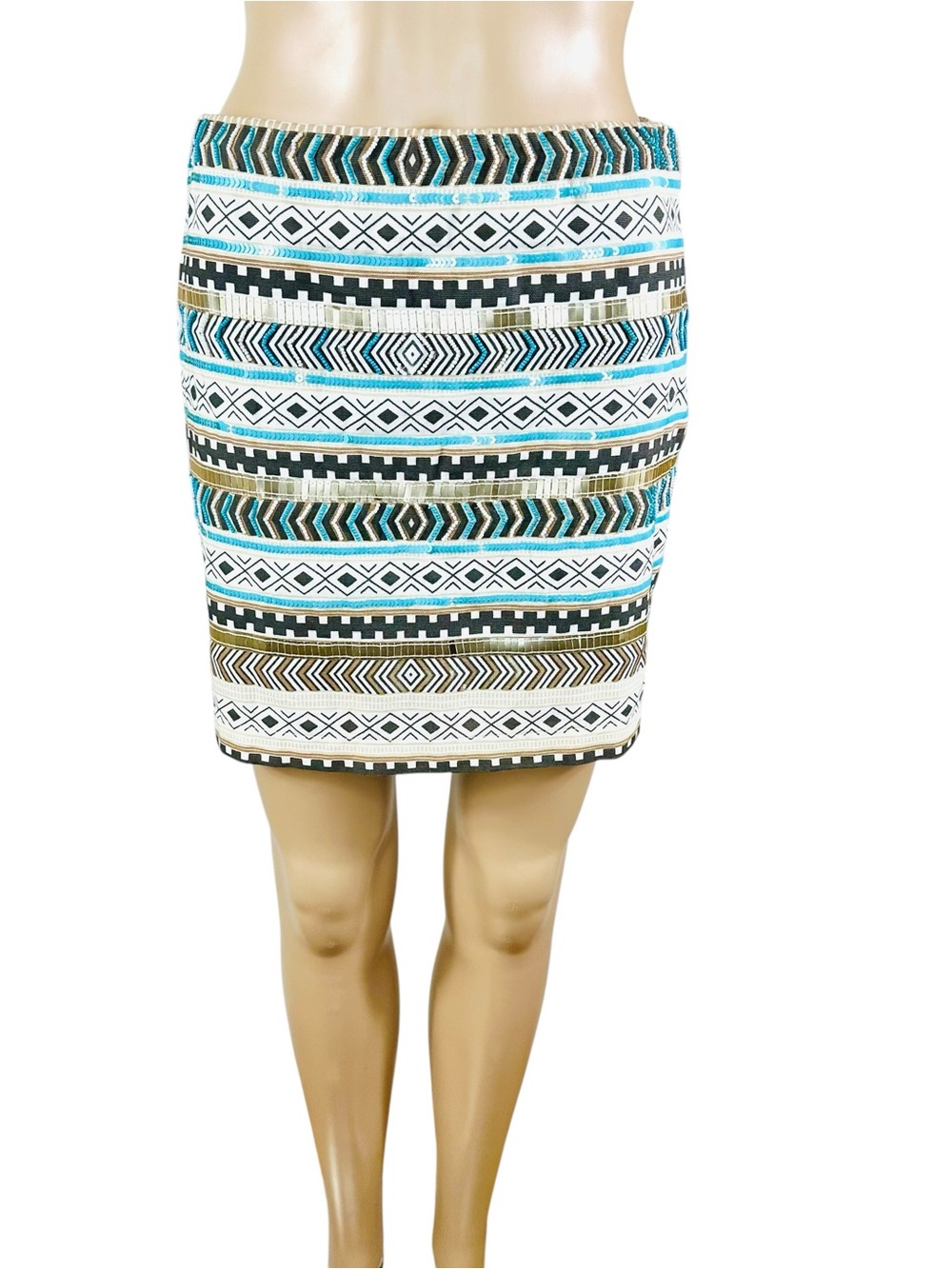 Tribal Stripe Skirt with embroidery, beads & sequins Turquoise, white, black SzM